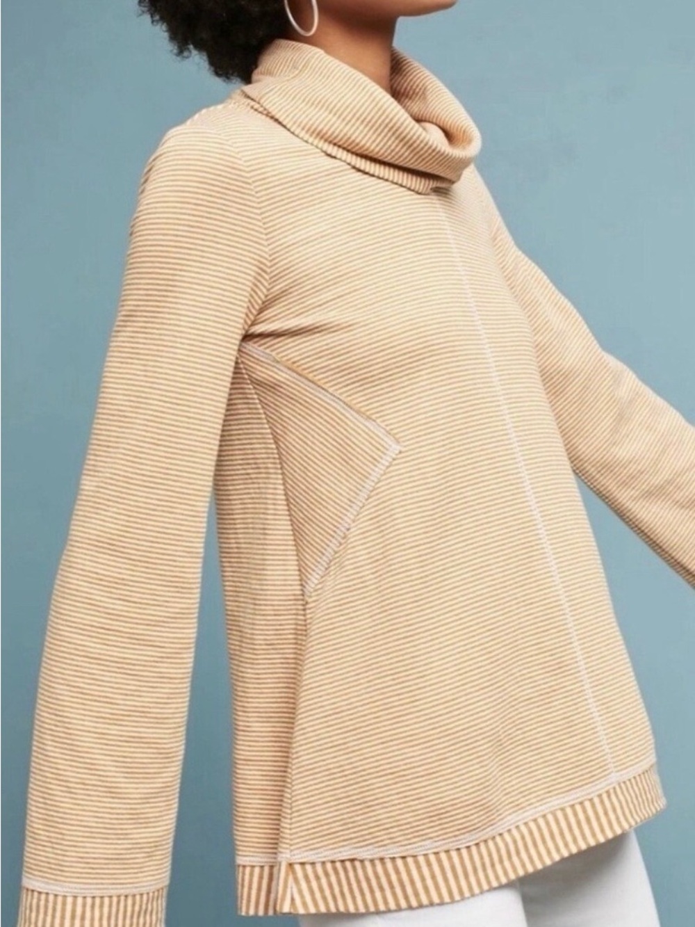 Anthropologie Maeve Striped Camel Funnel-Neck Sweater